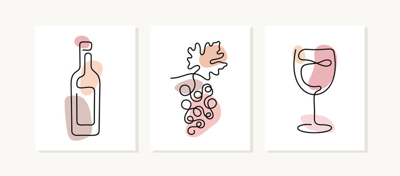 Wine posters. Artistic one line vector illustration.