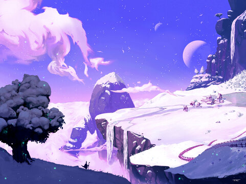 Illustration fantasy d'un paysage très coloré de conte de fées en hiver, art numérique, peinture