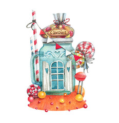 Watercolor illustration of a caramel lemonade house hand drawn and isolated on a white background.