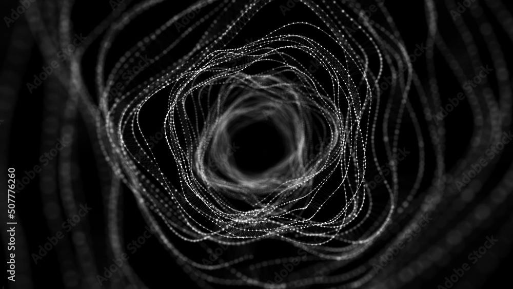 Poster Abstract dynamic wireframe tunnel on black background. Deep wave wormhole. Futuristic particle flow. 3d rendering.