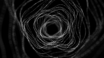 Abstract dynamic wireframe tunnel on black background. Deep wave wormhole. Futuristic particle flow. 3d rendering.