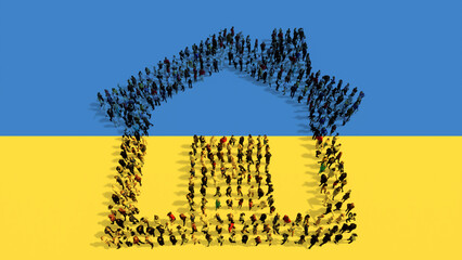 Concept or conceptual large community of people forming the home button sign  on Ukrainian flag. 3d illustration metaphor for war, attacks, destruction, devastation, fire and ruins