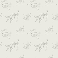 Vector pattern with eucalyptus leaves on a green background. Trendy pattern with twig. Hand drawn botanical background with plant. Line art.