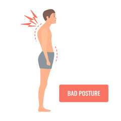 Man with bad posture. Poor stance and backache. Spine curvature due to scoliosis. Body imbalance defect concept. Medical vector illustration.