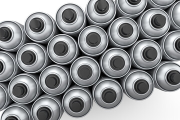 Set of spray paint cans in row on white background. Spray bottle and dispenser