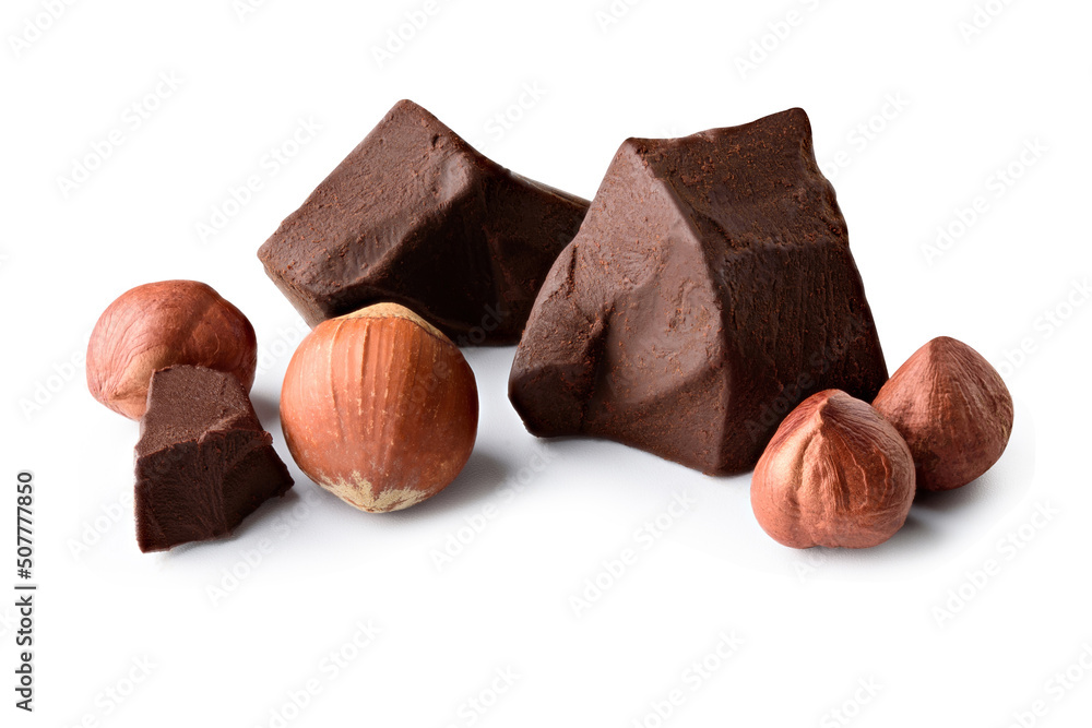 Poster chocolate and hazelnuts isolated on white background clipping path 