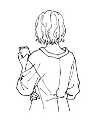 スマートフォンをいじる若い女性のイラスト　お洒落な人物線画　後ろ姿　ショートヘア
