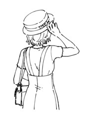 帽子をかぶった半袖の女性のイラスト　お洒落な人物線画　後ろ姿　夏服　春