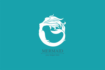 Mermaid logo. Brand template vector illustration. Siren and marine girl with a tail. Hand drawn vector illustration for logo and poster
