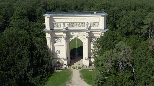Triumphal arch known as temple of Diana in Valtice, Czechia, drone.
