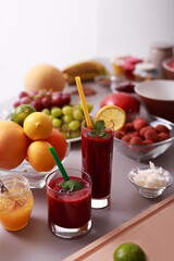 Fresh homemade fruit smoothie, healthy juicy vitamin drink diet or vegan food concept