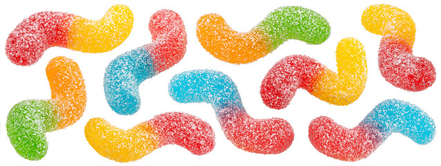 Sour gummy worms isolated on white background, full depth of field