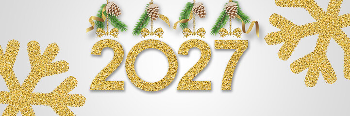 2027 Happy New Year in golden design, Holiday greeting card design.