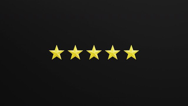 Five golden stars rating on black backdrop. Stars appear animation.