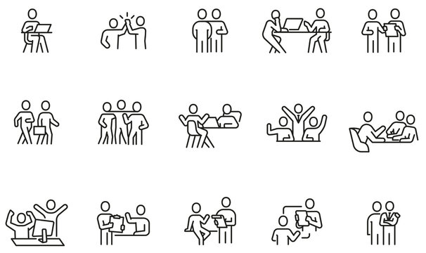 Vector Set of Linear Icons Related to business meeting, discussion, relationship and negotiation. Mono Line Pictograms and Infographics Design Elements