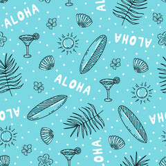 Summer seamless pattern with surfboards, tropical leaves and flowers, cocktails, sun and "aloha" lettering. Beach accessories on blue background hand drawn in vintage sketch style for textile, apparel © Plameniya