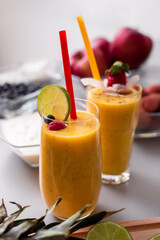 Fresh homemade fruit smoothie, healthy juicy vitamin drink diet or vegan food concept