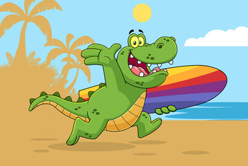 Happy Alligator Or Crocodile Cartoon Character Running With A Surfboard. Vector Hand Drawn Illustration With Palms And Beach Background