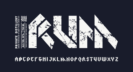 Stencil-plate sans serif font in viking style and template label for rum - obrazy, fototapety, plakaty