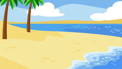 Fototapeta na wymiar Cartoon Beach Background With Palms Tree. Vector Hand Drawn Flat Illustration Design