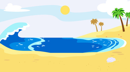 Fototapeta na wymiar Cartoon Beach Background With Palms Tree Vector Hand Drawn Flat Illustration Design