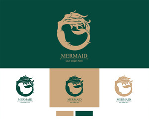 Mermaid logo. Brand template vector illustration. Siren and marine girl with a tail. Hand drawn vector illustration for logo and poster