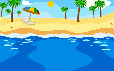 Cartoon Beach Background With Palms Tree. Vector Hand Drawn Flat Illustration Design