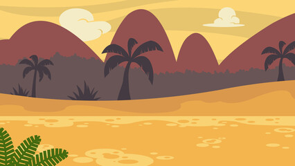 Fototapeta na wymiar Cartoon Tropical Background With Palms Tree Vector Hand Drawn Flat Illustration Design