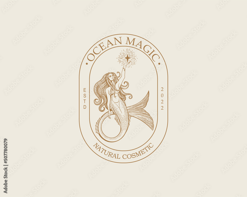 Wall mural mermaid logo. brand template vector illustration. siren and marine girl with a tail. vintage hand dr