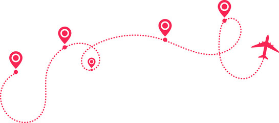 Airplane path in a dotted line shape. Red Airplane line routes set. location pins isolated on white background