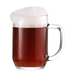 Misted large mug of dark beer with foam isolated on white background.