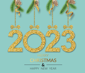 2023 Happy New Year in golden design, Holiday greeting card design.
