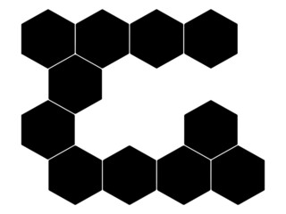 Black hexagon, honeycomb, design elements, shapes, pattern with no strokes. Use for photo collection, collage, template, frame, overlay, montage. Transparent background. Vector illustration.