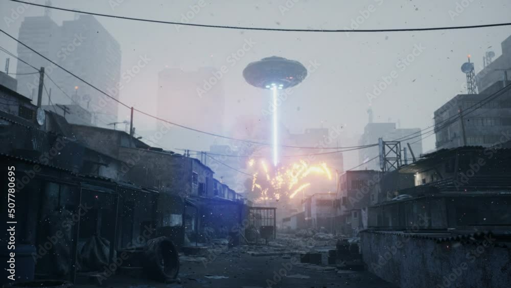 Wall mural a flying saucer has caused an apocalypse for the inhabitants of a planet. alien invaders from outer 
