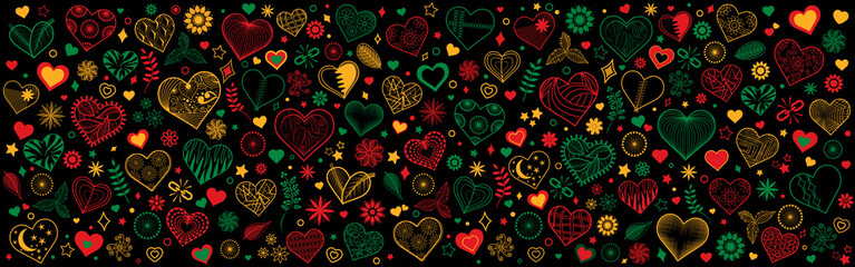 Black History Month and Juneteenth inspired hearts & floral horizontal doodle background. Modern banner design. Vector Graphic resource with different group elements. Headers, posters, cards, websites