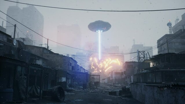 A flying saucer has caused an apocalypse for the inhabitants of a planet. Alien invaders from outer space attacked the city. The looped animation is perfect for apocalyptic, sci-fi, space backgrounds.