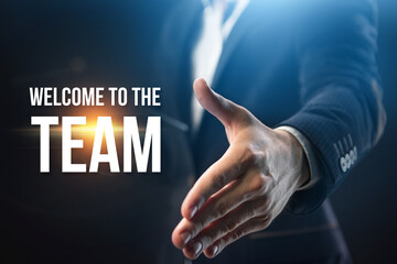 businessman invites to the team. Teamwork development concept