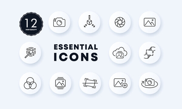 Snapshot set icon. Camera, photo, photographer, lens, flash, cropping, gallery, filters, effects, viewing angle. Photography concept. Neomorphism style. Vector line icon for Business and Advertising