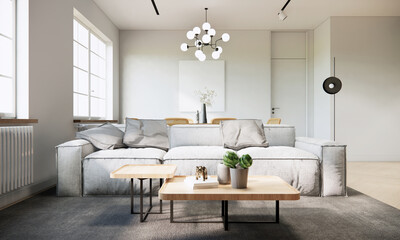 Fototapeta premium Modern Japandi style living room interior with furniture, white apartment ideas, sunlight from window. 3d rendering