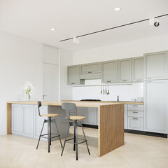 3d rendering mock up kitchen room interior design and decoration with light green counter and cabinets, wooden island counter and stool lounge chairs. 3d rendering modern kitchen interior.