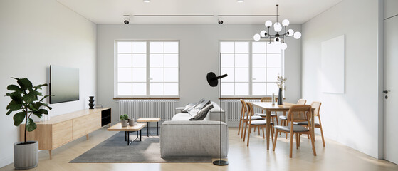 Mock up studio apartment room interior design and decoration in minimal and modern Japandi style with wooden floor and blank canvas frame on wall. 3d rendering living and dining room interior.