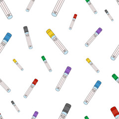 Test tubes. Empty vacuum test tubes for examining patients' blood tests. Seamless vector pattern. Infinitely repeating medical ornament. Isolated background. Lids in different colors. Tube info
