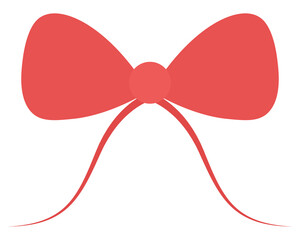 The bow is red. Decoration for gift, surprise, bouquet. The ribbon is beautifully tied. Knot for decoration. Color vector illustration. Flat style. Festive print. Isolated background. 
