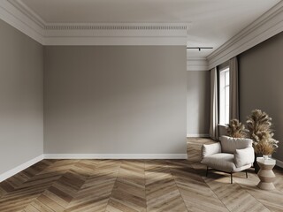 Room in classical style mockup with chair, wooden floor, grey walls, curtains and vases 3d render