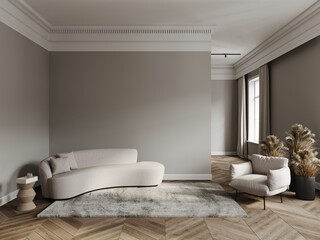 Living room in classical style mockup with wooden floor, grey walls, curtains, chair and vases 3d render