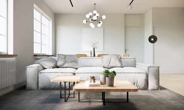 Modern Japandi style living room interior with furniture, white apartment ideas, sunlight from window. 3d rendering