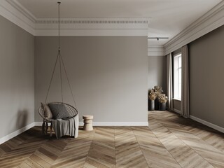 Room in classical style mockup with chair, wooden floor, grey walls, curtains and window 3d render