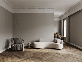 Living room in classical style mockup with wooden floor, grey walls, curtains, chair, table, vases and window 3d render