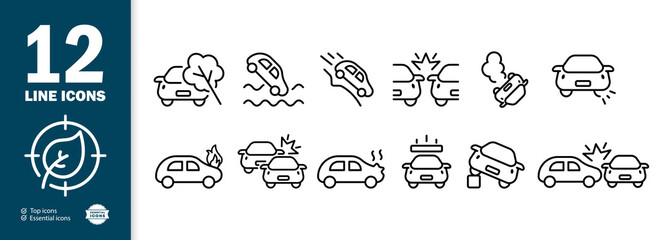 Warning signs set icon. Fallen tree, serpentine, cliff, hole in the road, collision, burning, accident, traffic rules. Danger concept. Vector line icon for Business and Advertising
