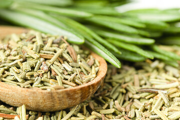 fresh sprig of rosemary and dry spice in a wooden spoon